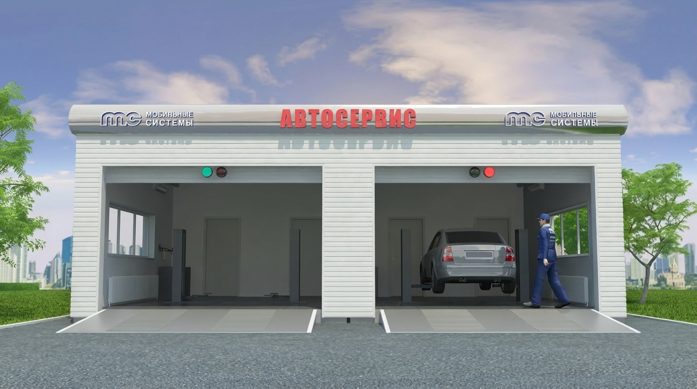 Сучасний двопостовий автосервіс Двопостовий автосервіс із відкритими боксами, автомобілем на підйомнику та працівником біля в’їзду
