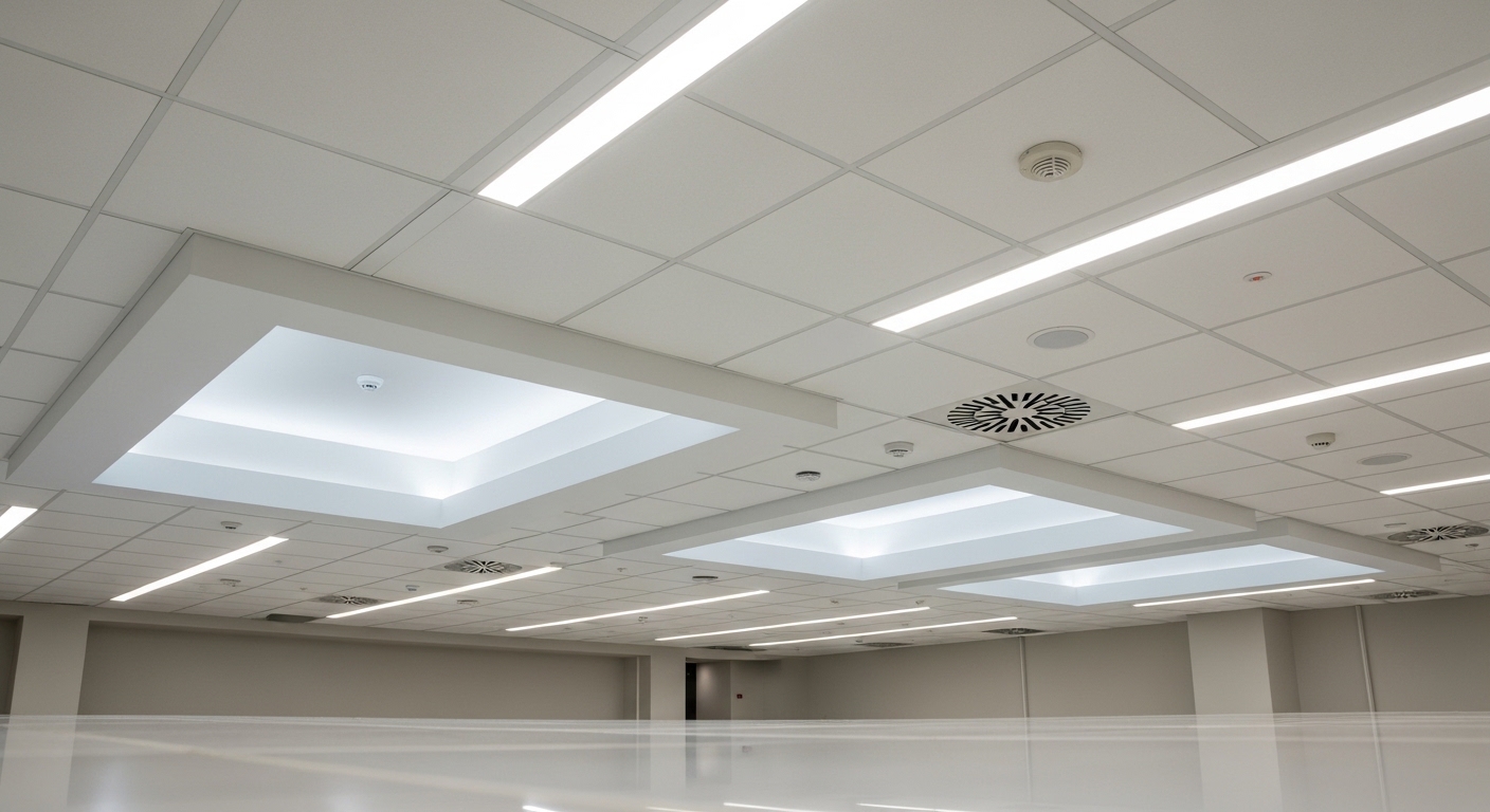 Сучасна підвісна стеля з вбудованим освітленням Підвісна стеля типу армстронг із вбудованими лінійними світильниками та квадратними світловими нішами в сучасному інтер’єрі