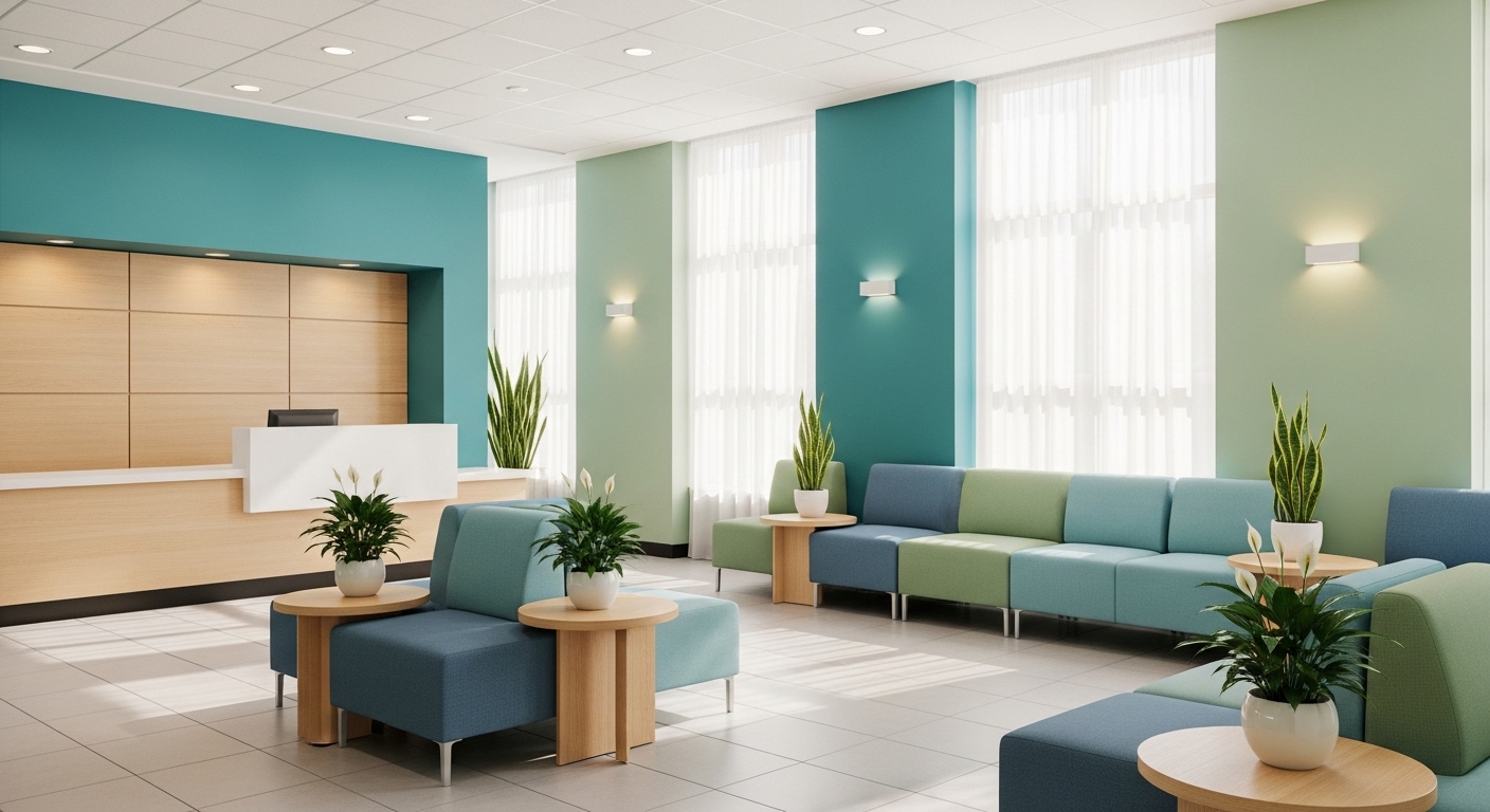 Світла сучасна зона очікування з рецепцією Сучасна зона очікування з рецепцією, м’якими диванами у блакитно-зелених тонах, великими вікнами та кімнатними рослинами.