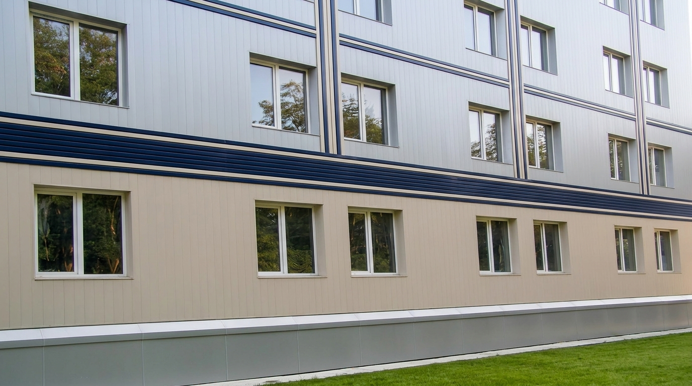Фасад сучасної будівлі з облицювальними панелями Сучасний фасад багатоповерхової будівлі зі світлими облицювальними панелями та рядами вікон