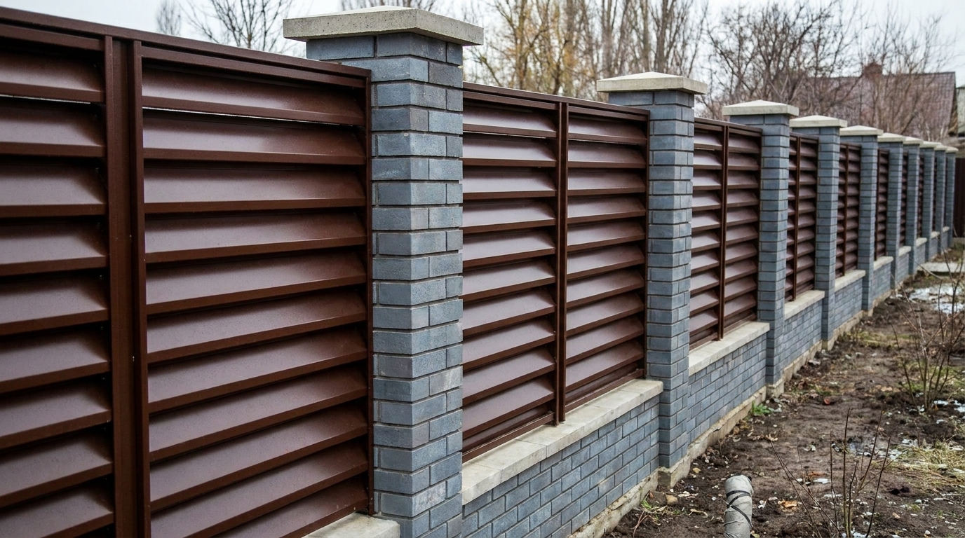 Сучасний паркан із металевих ламелей Сучасний паркан із коричневих горизонтальних металевих ламелей і сірих цегляних стовпів уздовж ділянки