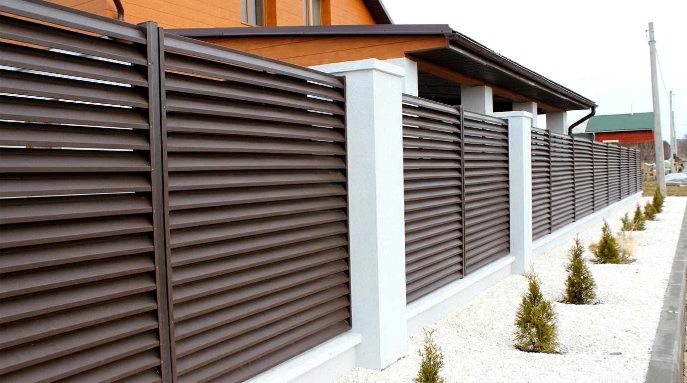 Паркан-жалюзі біля приватного будинку Сучасний паркан-жалюзі коричневого кольору з білими стовпами біля приватного будинку