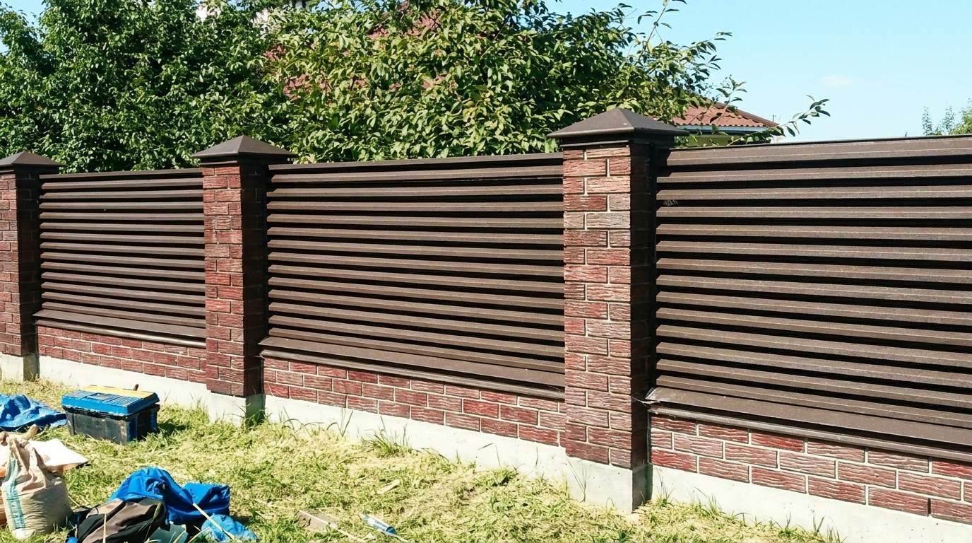 Паркан із горизонтальних ламелей і цегляних стовпів Сучасний паркан із коричневих горизонтальних ламелей між цегляними стовпами на приватній ділянці
