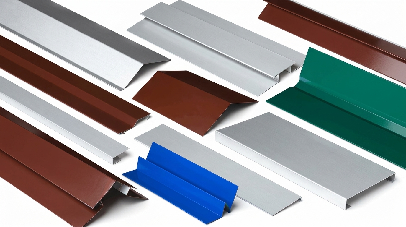 Добірні металеві профілі Металеві добірні елементи та профілі різних форм і кольорів на білому тлі