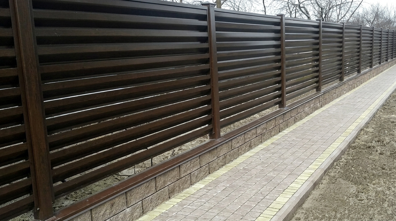 Паркан жалюзі вздовж тротуарної доріжки Сучасний паркан жалюзі темно-коричневого кольору вздовж мощеної доріжки