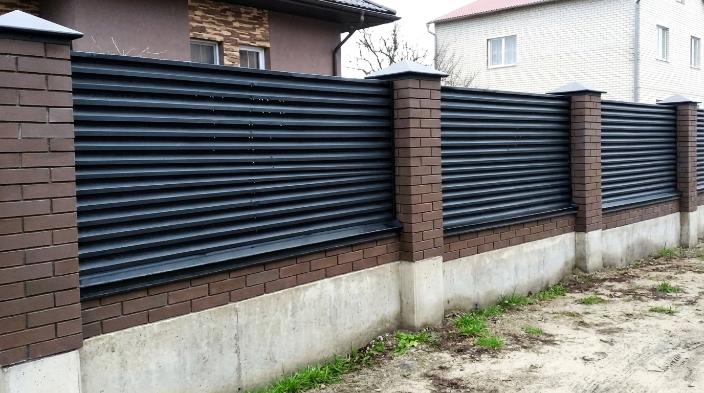 Сучасний металевий паркан із цегляними стовпами Сучасний паркан із темних горизонтальних металевих ламелей між цегляними стовпами біля приватного будинку