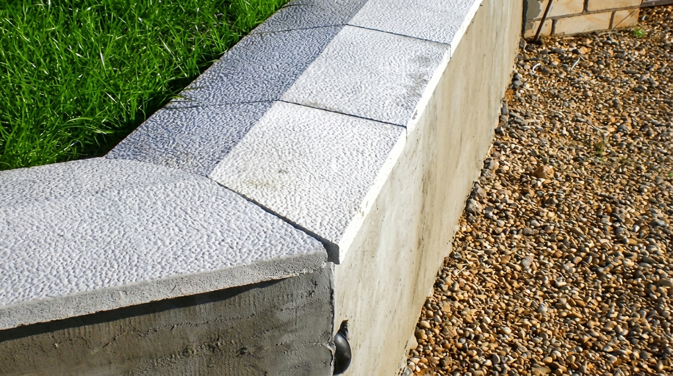 Бетонна підпірна стінка з декоративним накриттям Світла бетонна підпірна стінка з фактурними накривними плитами біля газону та галькового покриття