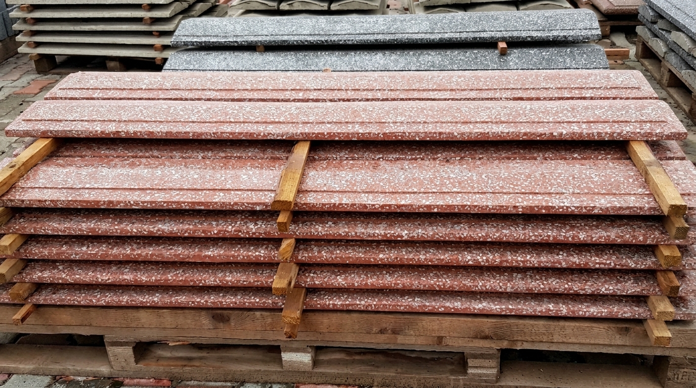 Червоні бетонні плити на піддоні Складені на дерев’яному піддоні червоні бетонні плити з білими вкрапленнями на складі будматеріалів