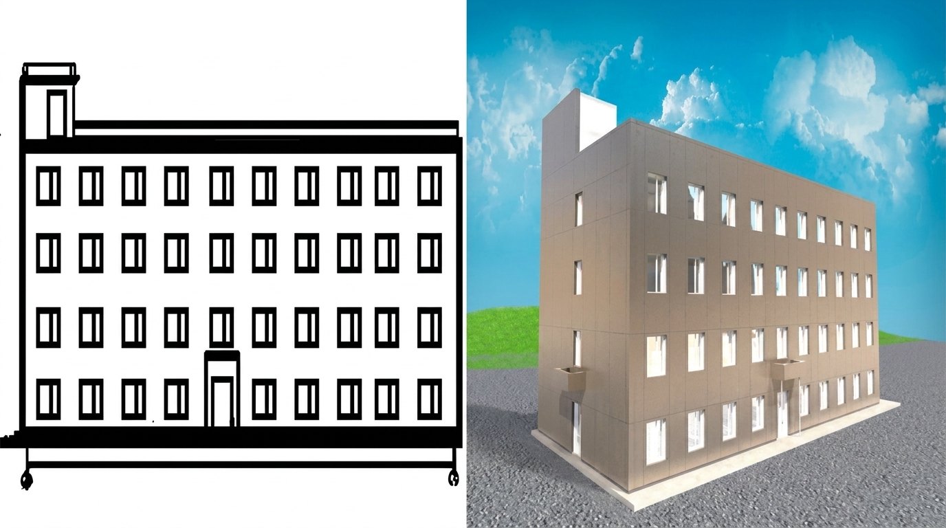 Креслення і 3D-модель будівлі Порівняння схематичного креслення та 3D-візуалізації чотириповерхової будівлі