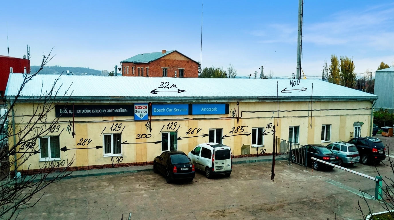 Фасад автосервісу Bosch Car Service Одноповерхова будівля автосервісу Bosch Car Service з припаркованими автомобілями та нанесеними на фото вимірами фасаду.
