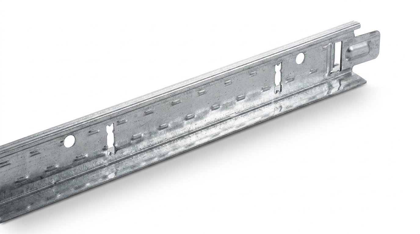 Оцинкована монтажна планка Оцинкована металева монтажна планка з перфорацією на білому фоні