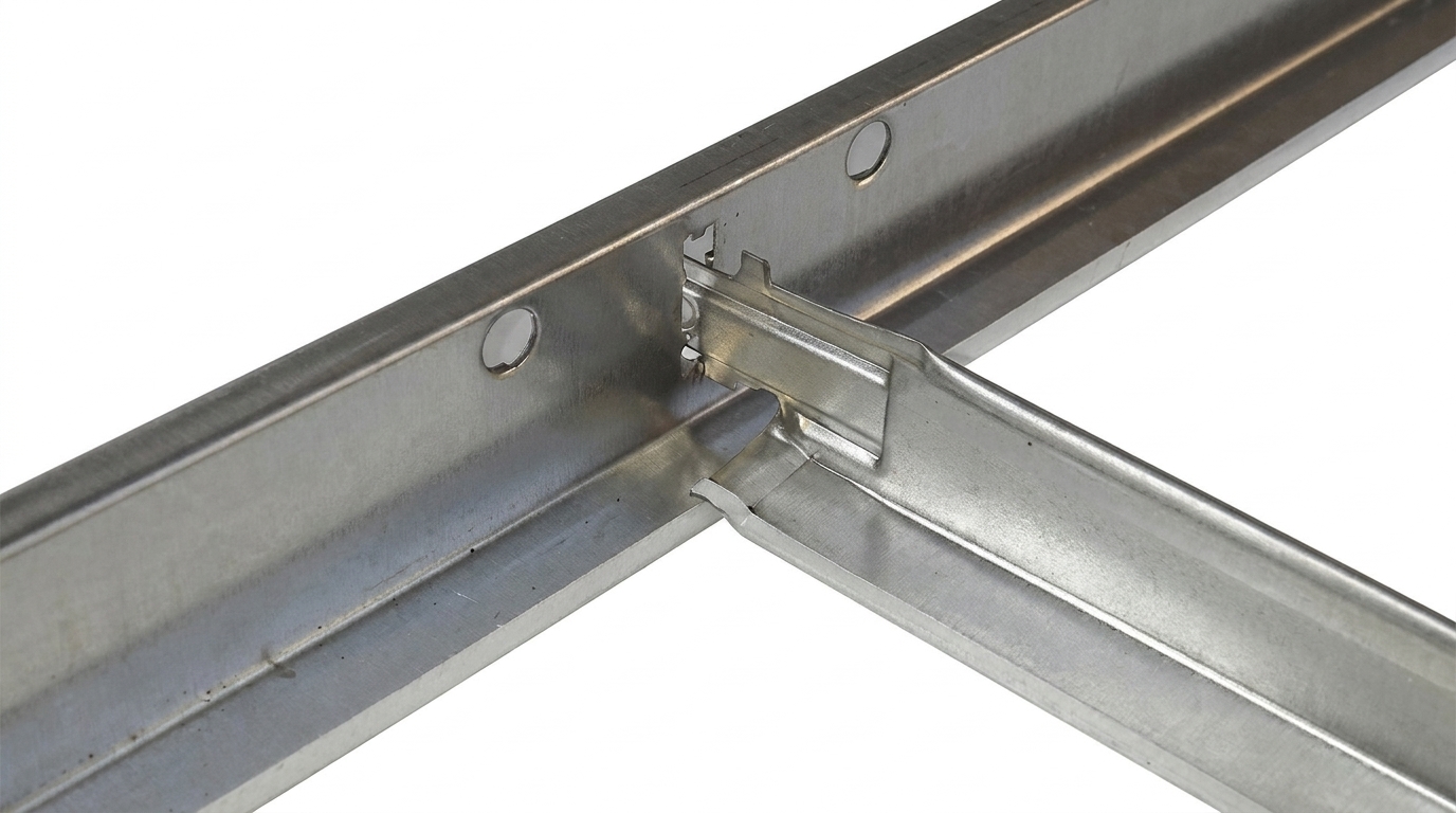 Т-подібне з’єднання металевих профілів Крупний план металевого Т-подібного з’єднання профілів підвісної стелі