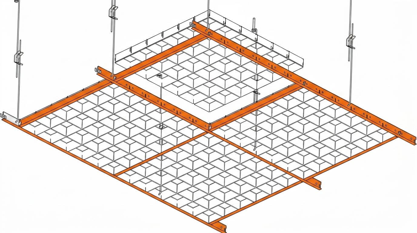Конструкція підвісної стелі грильято Схема підвісної стелі типу грильято з металевим каркасом і комірчастими решітками