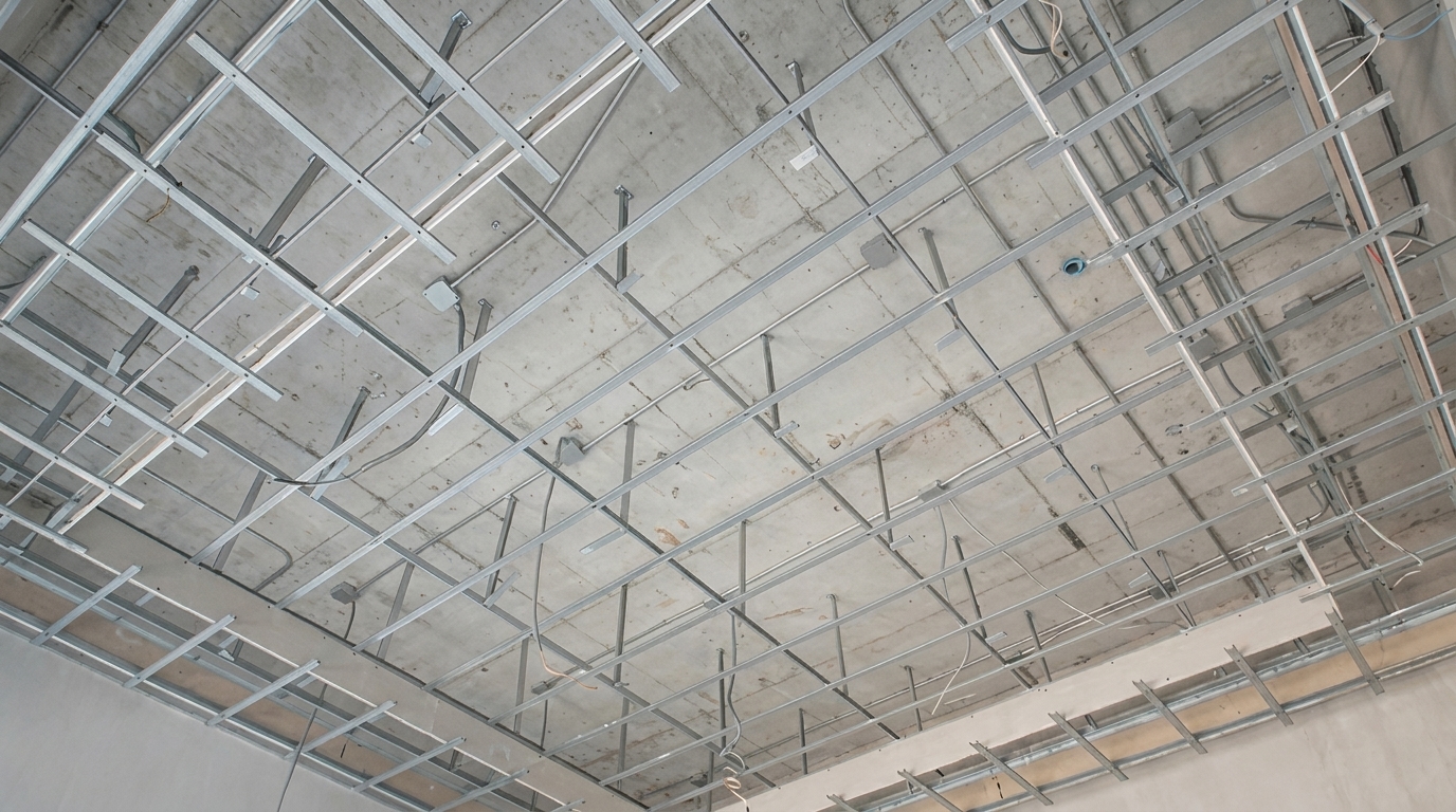 Монтаж каркаса підвісної стелі Металевий каркас підвісної стелі з профілів на бетонному перекритті в приміщенні під час ремонту