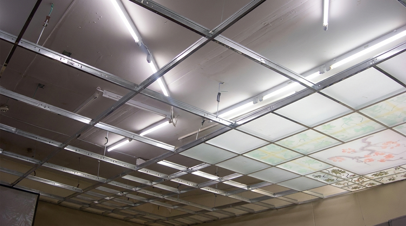 Підвісна стеля з декоративними світловими панелями Підвісна стеля з металевим каркасом, вбудованими світильниками та декоративними напівпрозорими панелями з рослинним візерунком