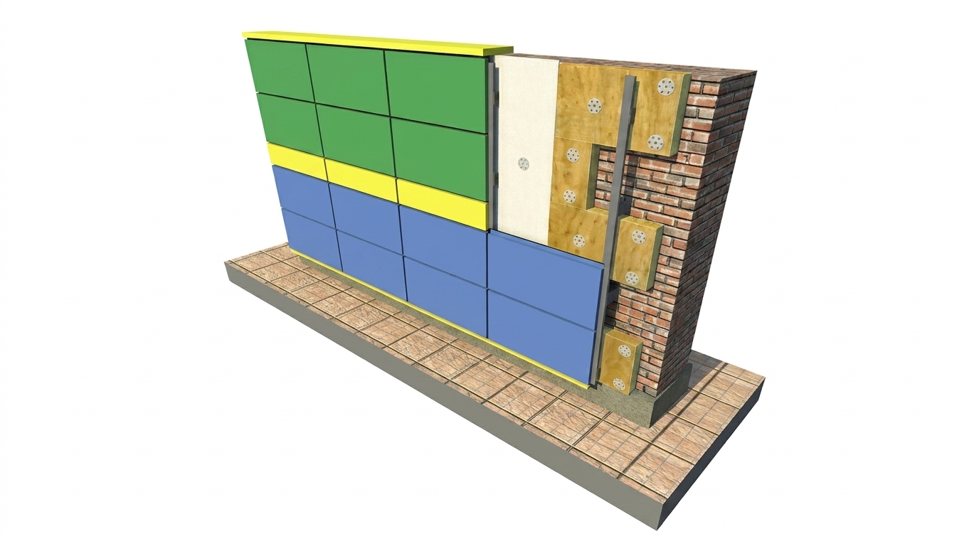 Конструкция вентилируемого фасада в разрезе 3D-схема навесного вентилируемого фасада с облицовочными панелями, утеплителем и кирпичной стеной