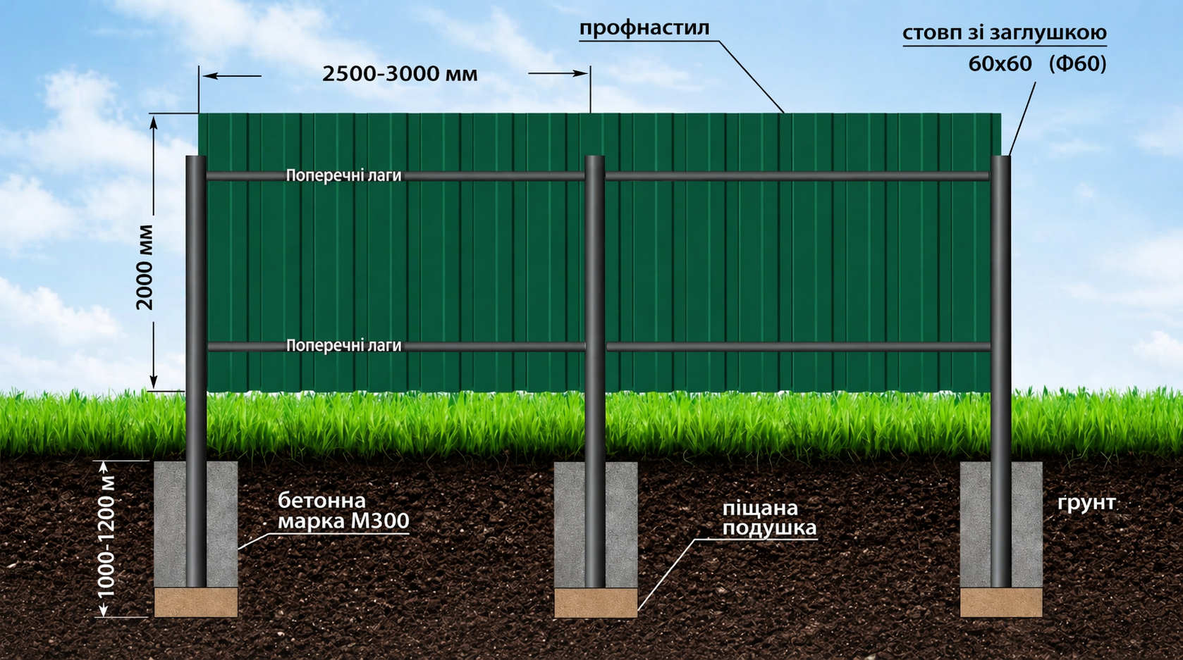 Схема паркану з профнастилу Схема встановлення паркану з профнастилу на металевих стовпах із бетонуванням, із зазначенням розмірів і конструктивних елементів