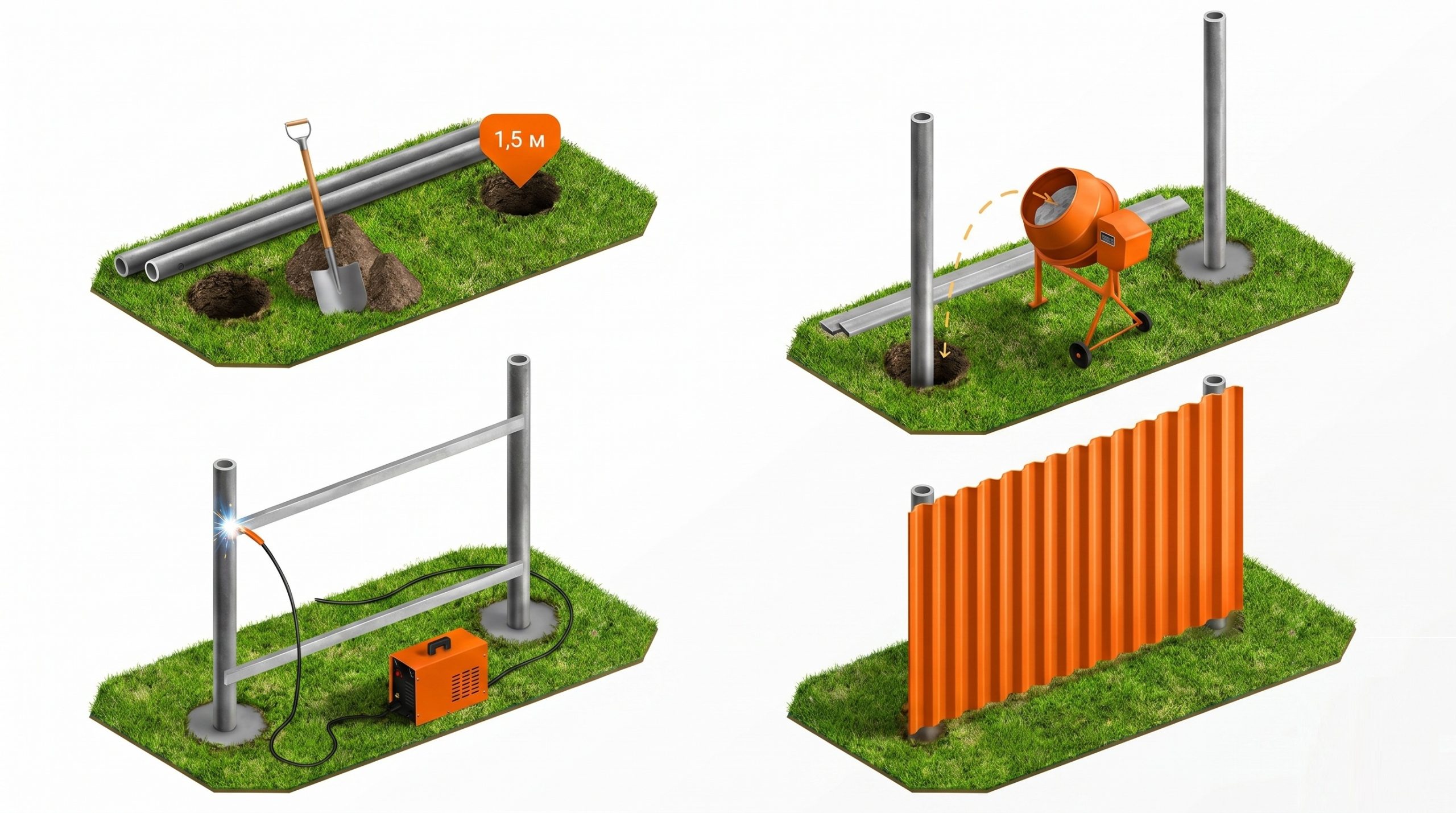 Етапи монтажу паркану з профнастилу Покрокова схема встановлення паркану з профнастилу: копання ям, бетонування стовпів, зварювання лаг і монтаж листів