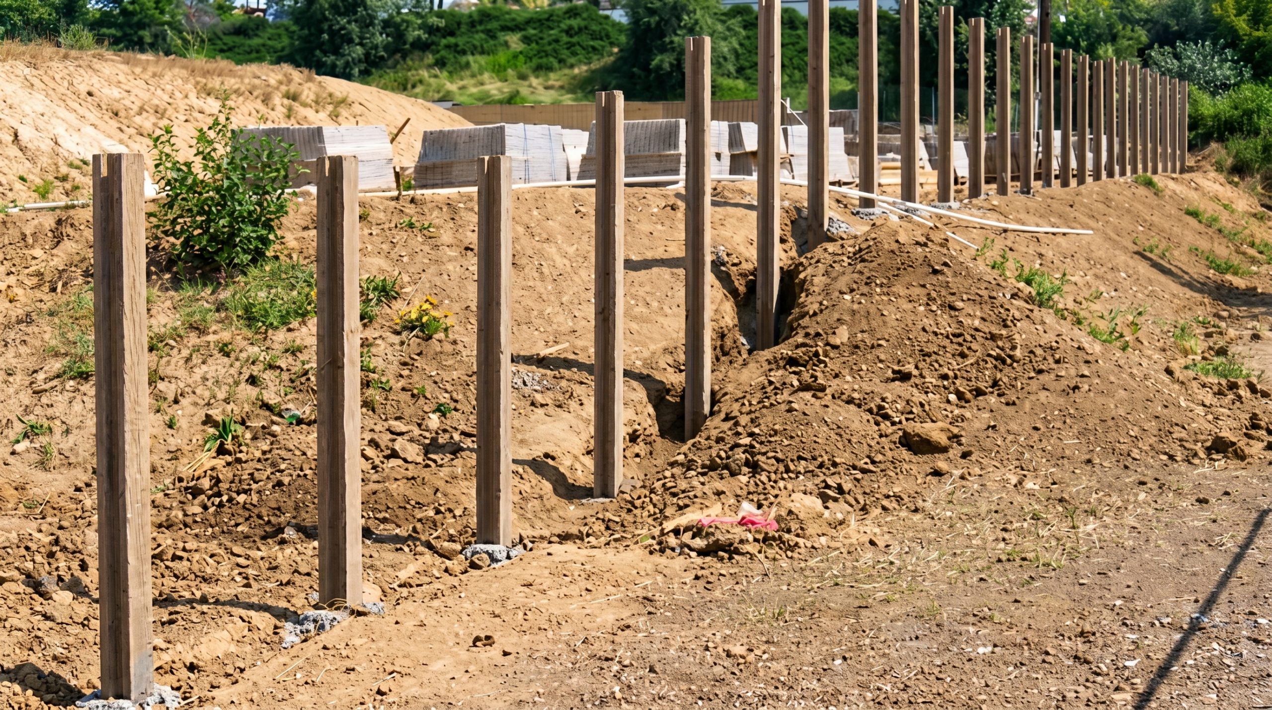 Монтаж дерев’яних стовпів на ділянці Дерев’яні стовпи, встановлені в траншеї на будівельній ділянці з насипами ґрунту