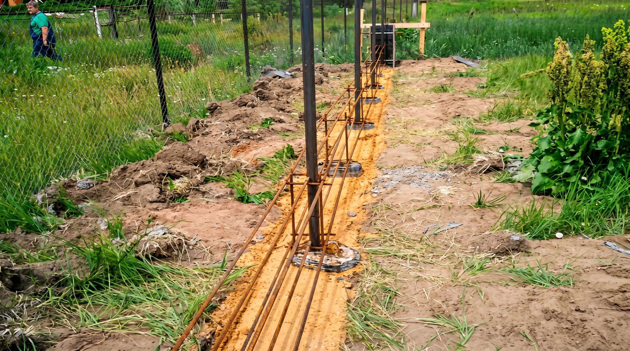 Встановлення металевої огорожі на фундамент Монтаж металевих стовпів і арматурного каркаса у траншеї вздовж сітчастої огорожі на ділянці