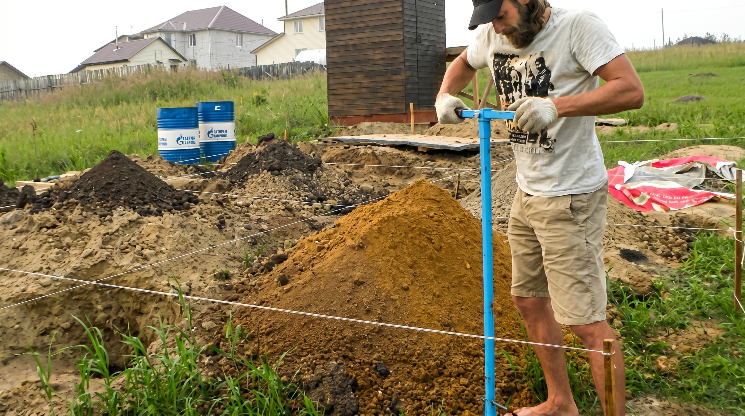 Розмітка ділянки перед будівництвом Чоловік розмічає будівельну ділянку за допомогою синього ручного бура серед натягнутих шнурів і насипів ґрунту