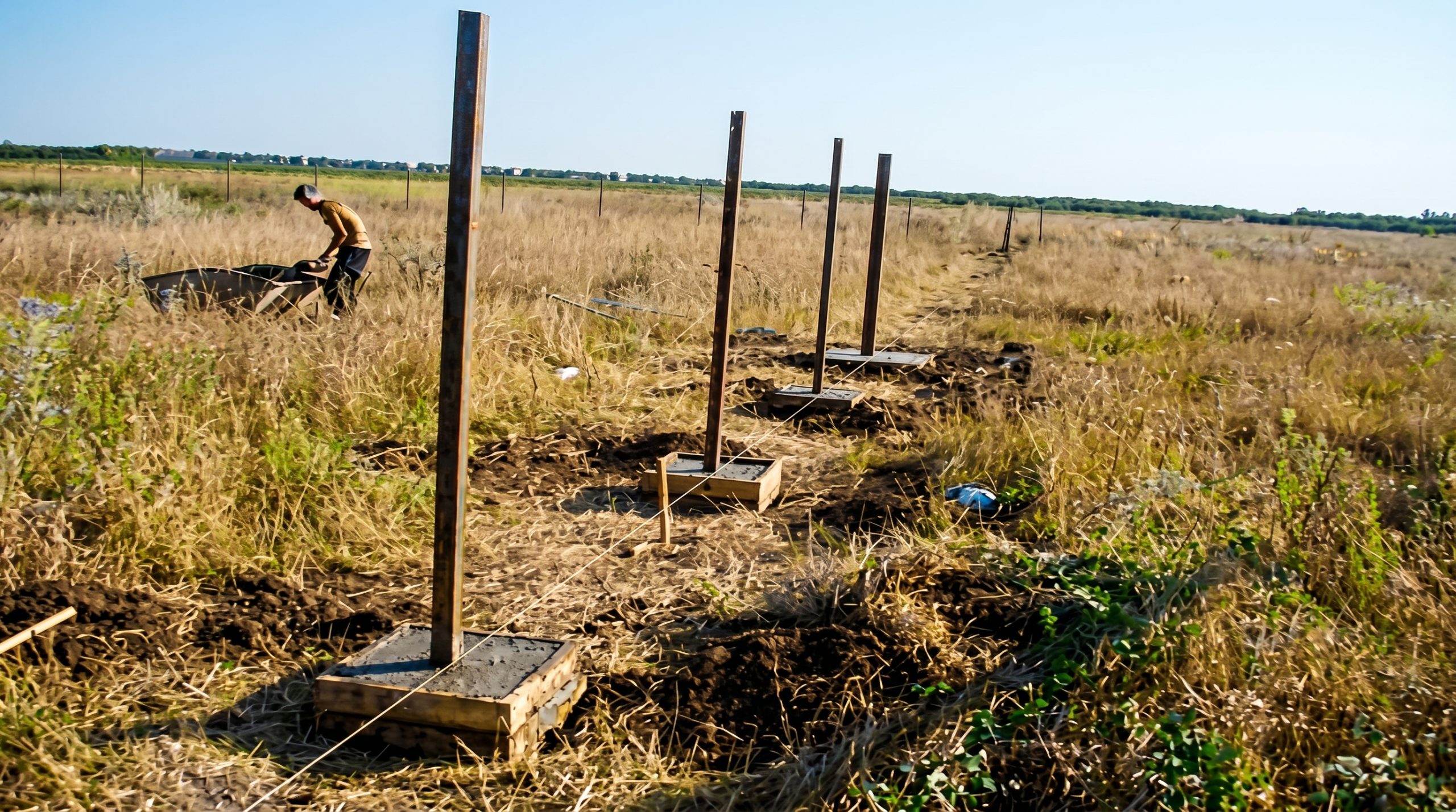 Встановлення металевих стовпів у полі Монтаж металевих стовпів у бетонних основах на відкритій ділянці поля