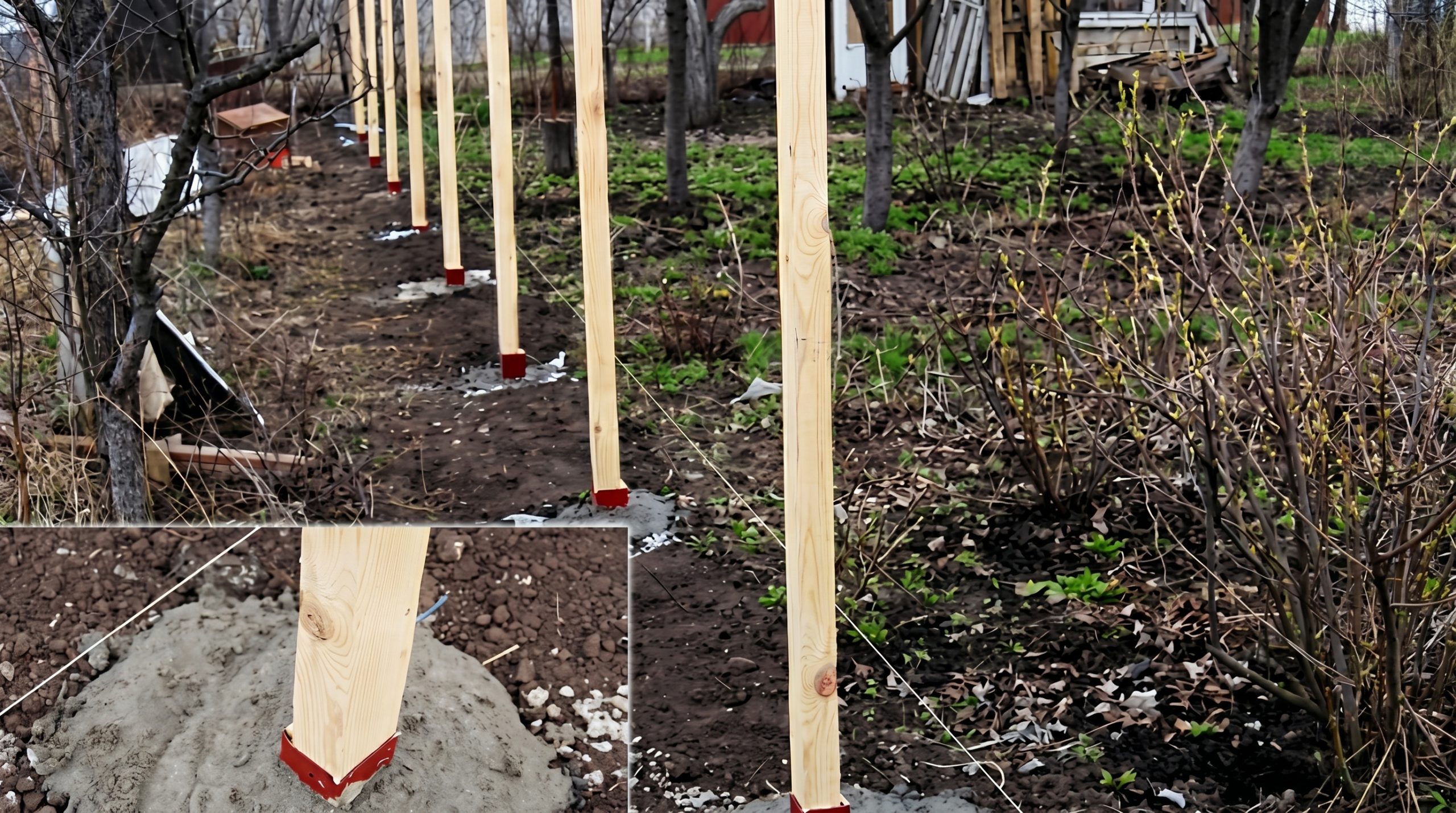 Монтаж дерев’яних стовпів на бетонній основі Дерев’яні стовпи, встановлені в бетонні основи на присадибній ділянці