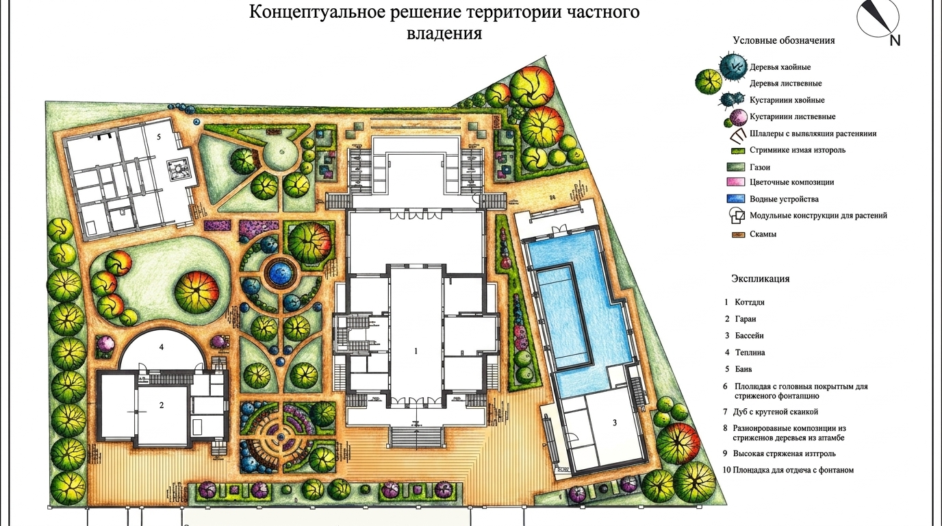 План ландшафтного дизайна частного участка Концептуальный план благоустройства территории частного владения с коттеджем, баней, гаражом, бассейном, садом и дорожками