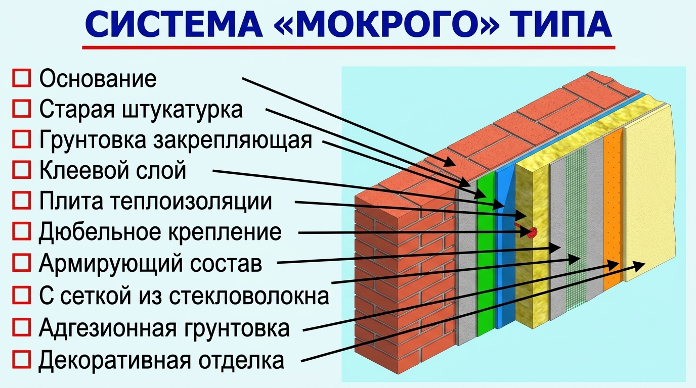 Система мокрого типа: слои фасадной теплоизоляции Схема фасадной теплоизоляции мокрого типа с послойным устройством стены и подписями элементов
