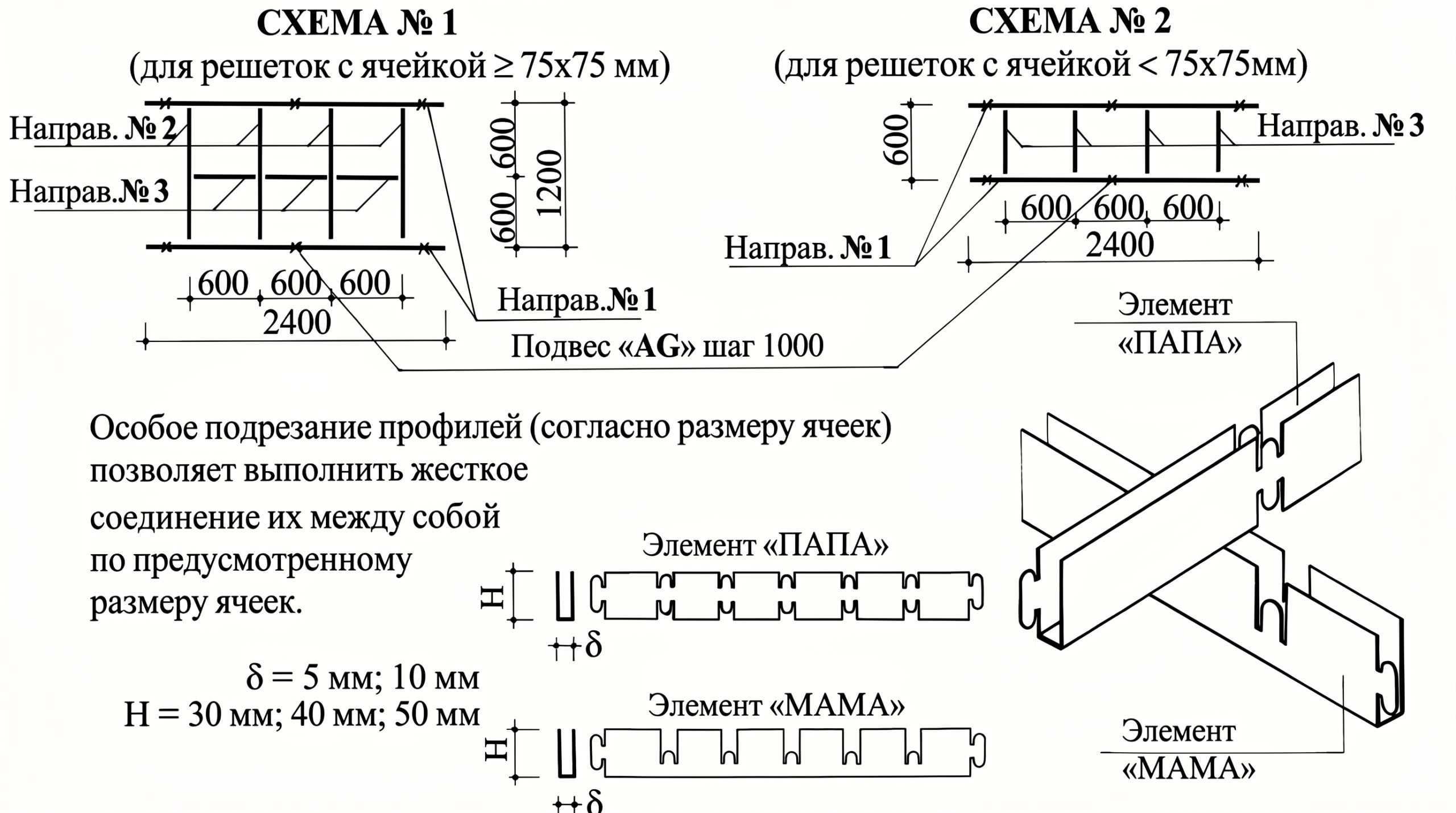 Схемы монтажа решетчатого потолка Техническая схема сборки решетчатого потолка с двумя вариантами раскладки профилей, размерами ячеек и элементами соединения «ПАПА» и «МАМА»