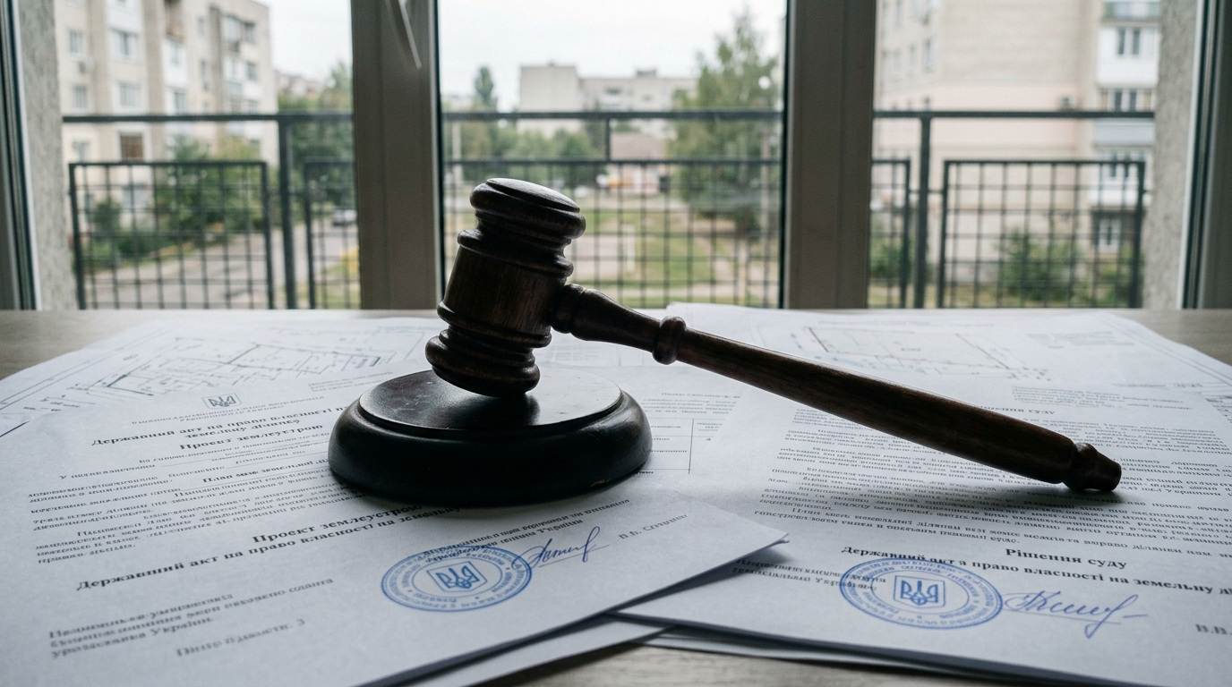 Судовий розгляд документів на нерухомість Суддівський молоток на столі з документами та кресленнями нерухомості біля великого вікна