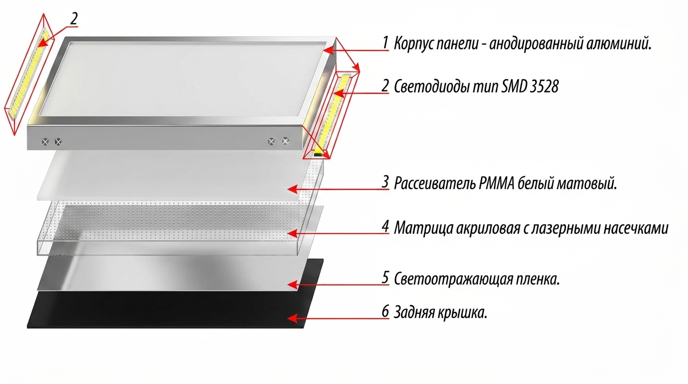 Устройство светодиодной LED-панели Схема конструкции светодиодной панели в разборе с подписями основных слоев и компонентов