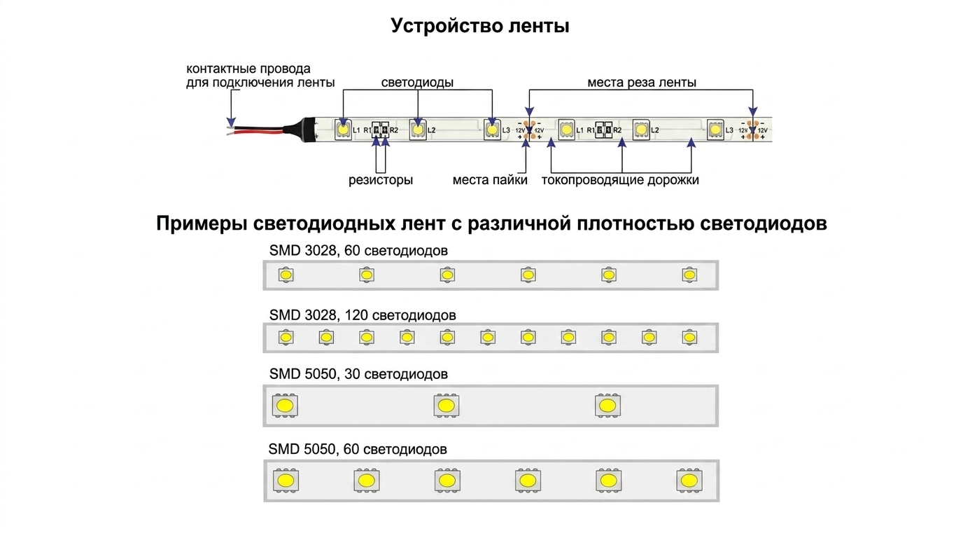 Устройство и виды светодиодных лент Схема устройства светодиодной ленты с обозначением контактов, резисторов, мест пайки и примерами лент SMD 3028 и SMD 5050 с разной плотностью светодиодов