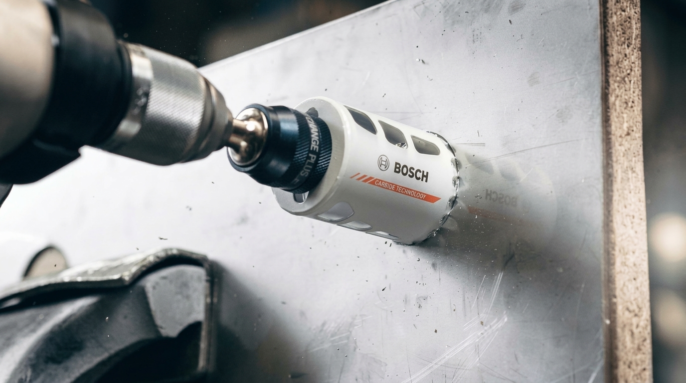 Коронка Bosch для свердління металу Коронка Bosch для свердління отвору в металевій пластині, встановлена на дриль