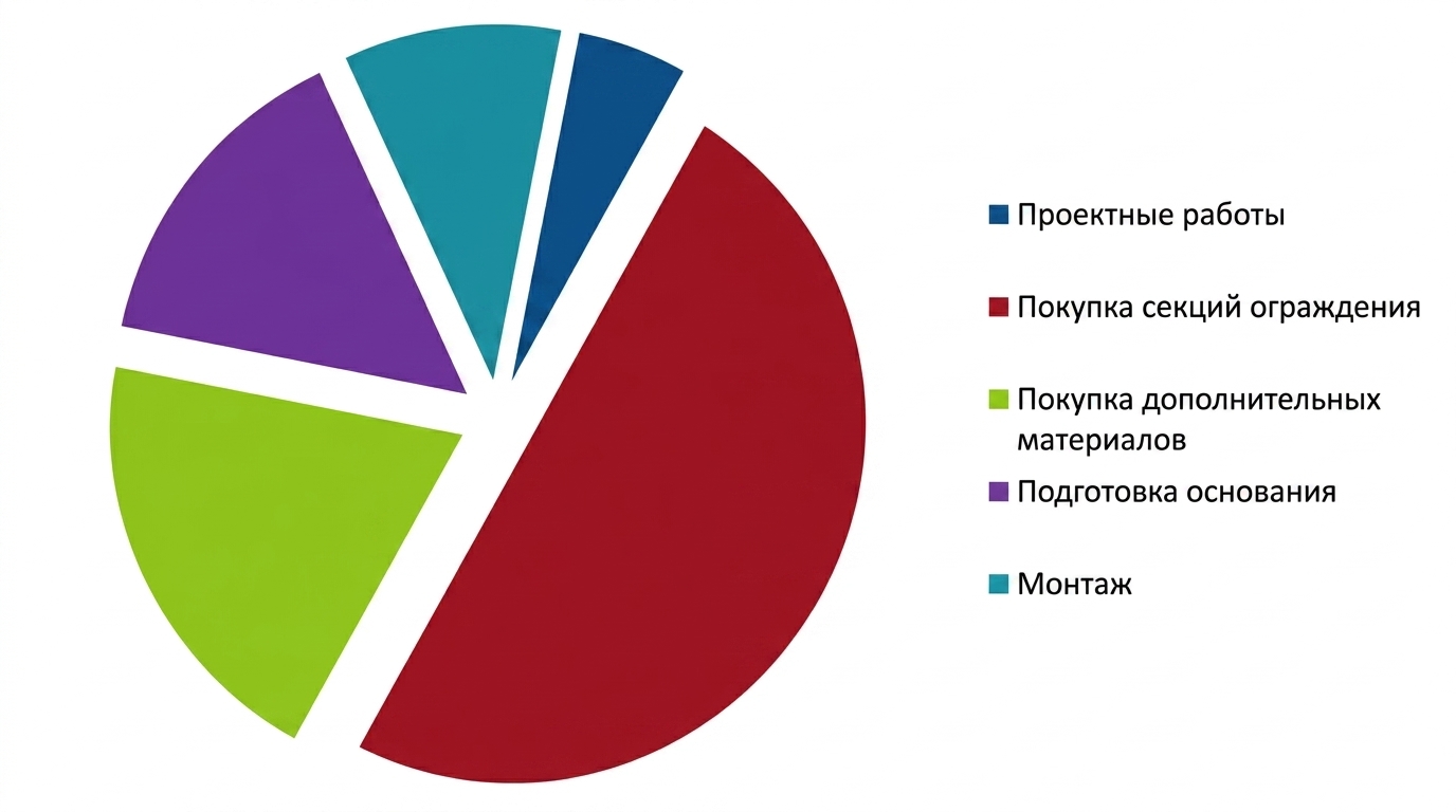 Круговая диаграмма расходов на ограждение Круговая диаграмма с распределением затрат на установку ограждения: секции, материалы, подготовка основания, монтаж и проектные работы