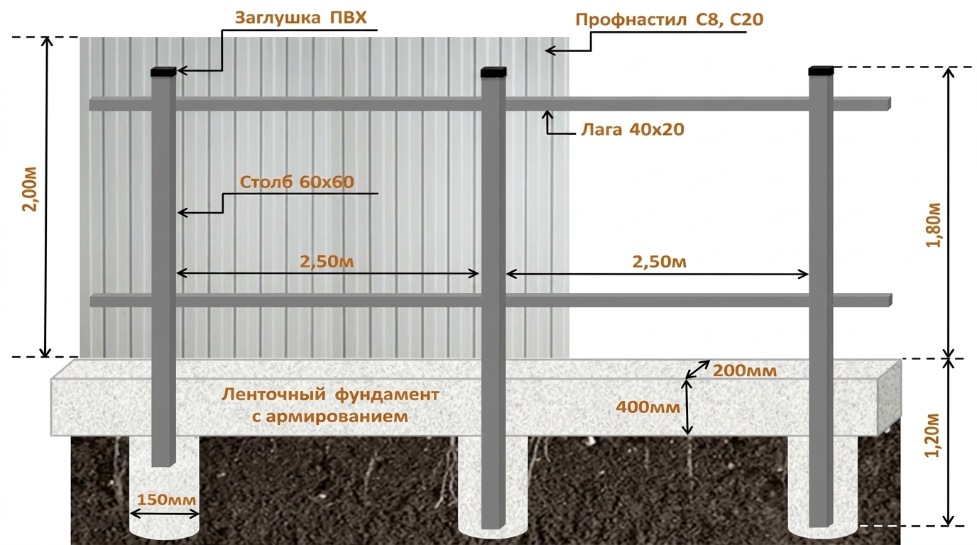 Схема забора из профнастила с фундаментом Схема забора из профнастила на ленточном фундаменте с размерами, металлическими столбами и лагами