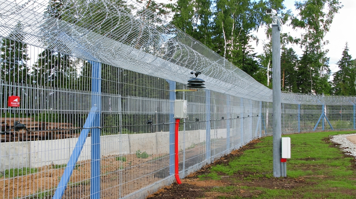 Система охорони периметра з відеоспостереженням Металева охоронна огорожа з колючим дротом, камерою відеоспостереження та датчиками по периметру