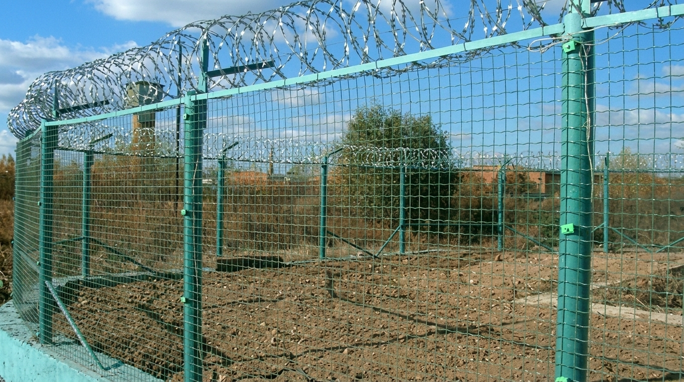 Сітчаста огорожа з колючим дротом Металева сітчаста огорожа із зелени ми опорами та колючим дротом по периметру відкритої території