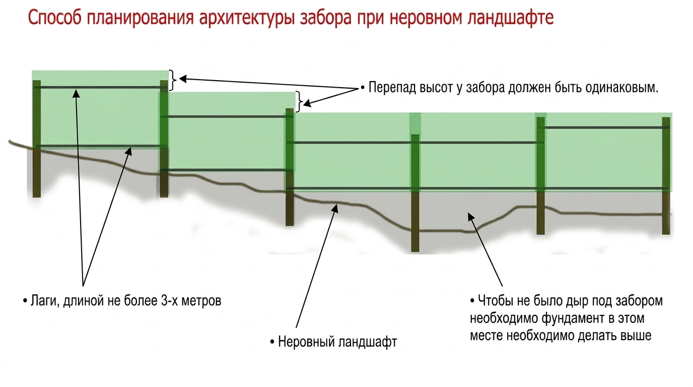 Планирование забора на неровном ландшафте Схема планирования забора на неровном участке с одинаковыми перепадами высоты между секциями
