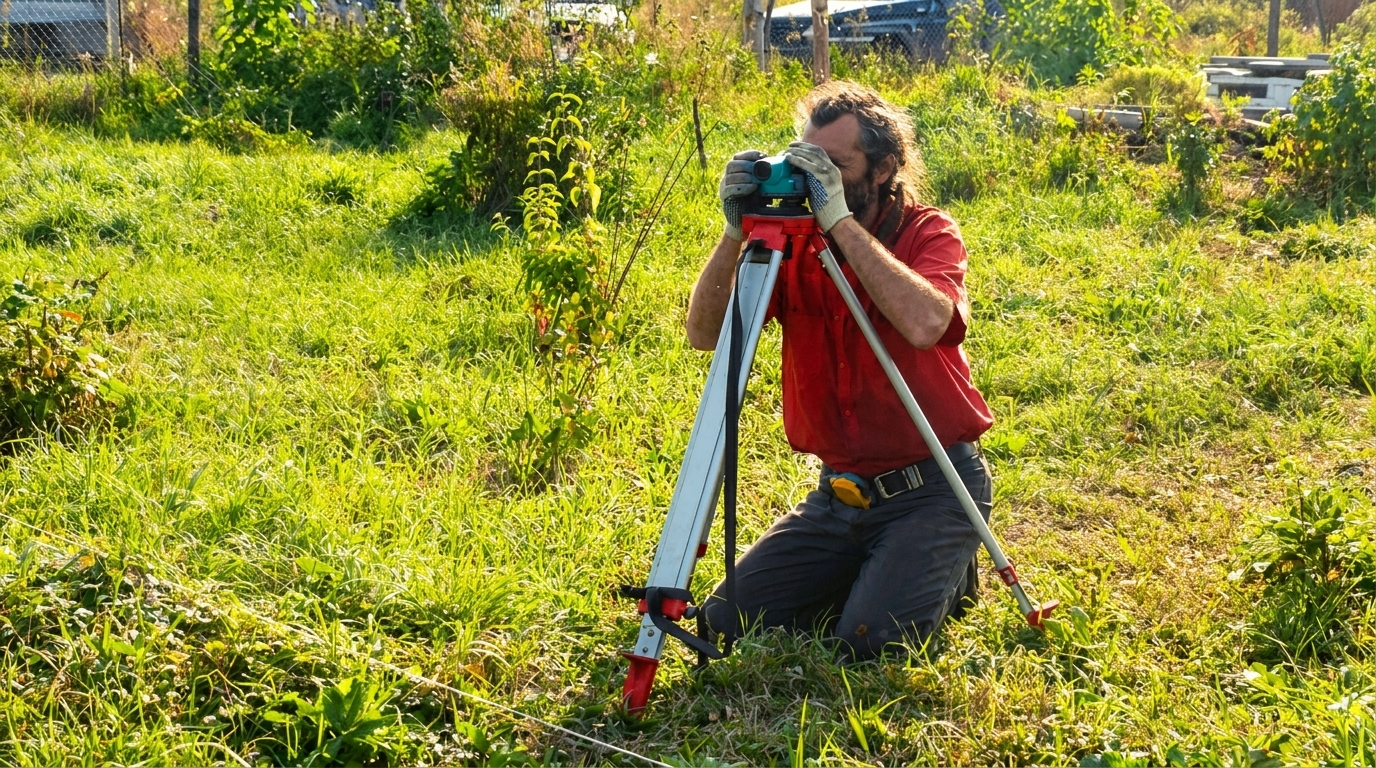 Геодезичні роботи на земельній ділянці Чоловік виконує геодезичні вимірювання на зеленій ділянці за допомогою нівеліра на штативі.