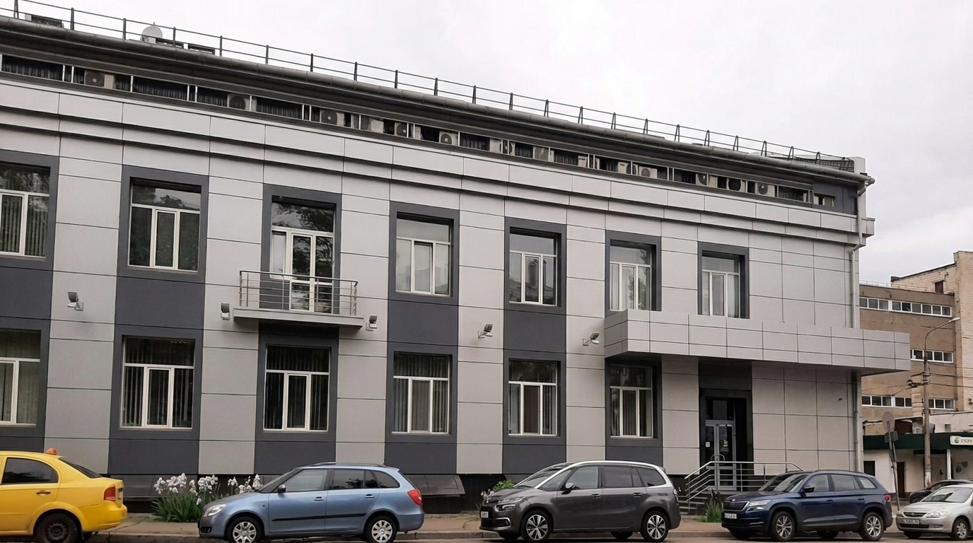 Сучасний фасад будівлі в сірих тонах Сучасна триповерхова будівля з вентильованим фасадом у сіро-білих тонах, великими вікнами та автомобілями перед входом
