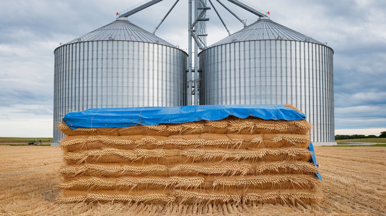A stack of wheat in front of a modern grain silo1