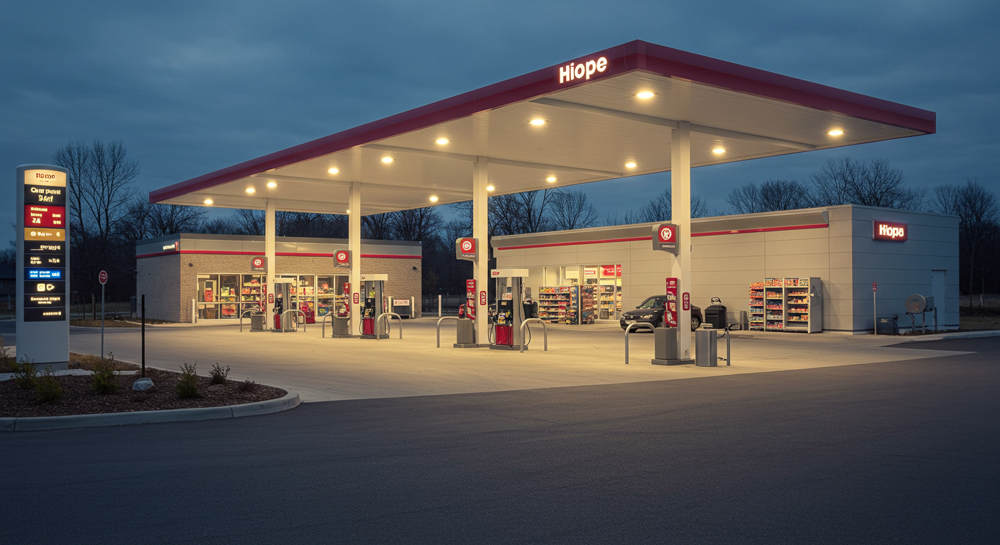 A modern gas station with underground fuel storage tanks located in a suburban area with a convenience store and car wash
