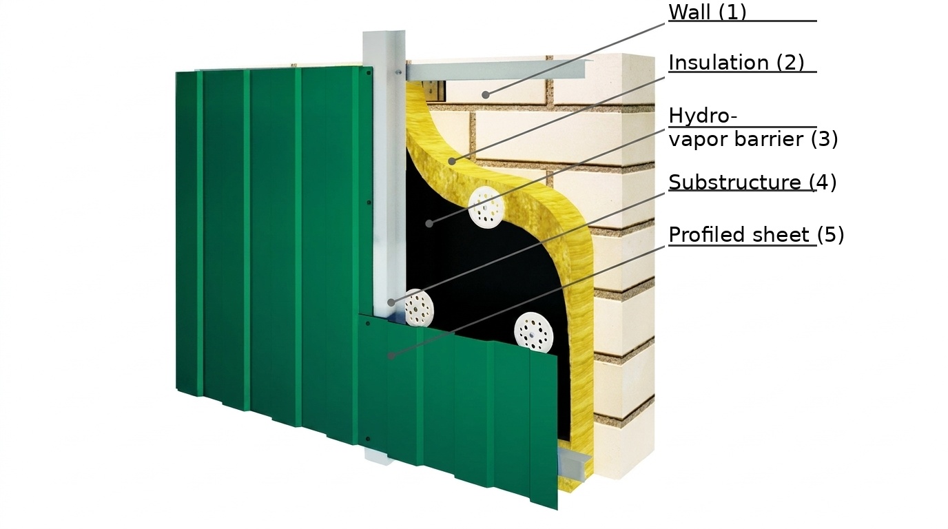 Facade Wall Section with Profiled Sheet Cladding Labeled wall facade section diagram showing a brick wall, insulation, hydro-vapor barrier, substructure, and green profiled sheet cladding.