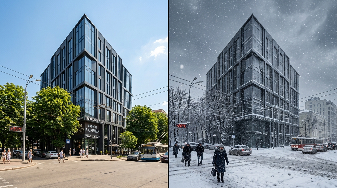 Building_in_summer_winter_contrast_202606051209 Building in summer winter contrast 202606051209