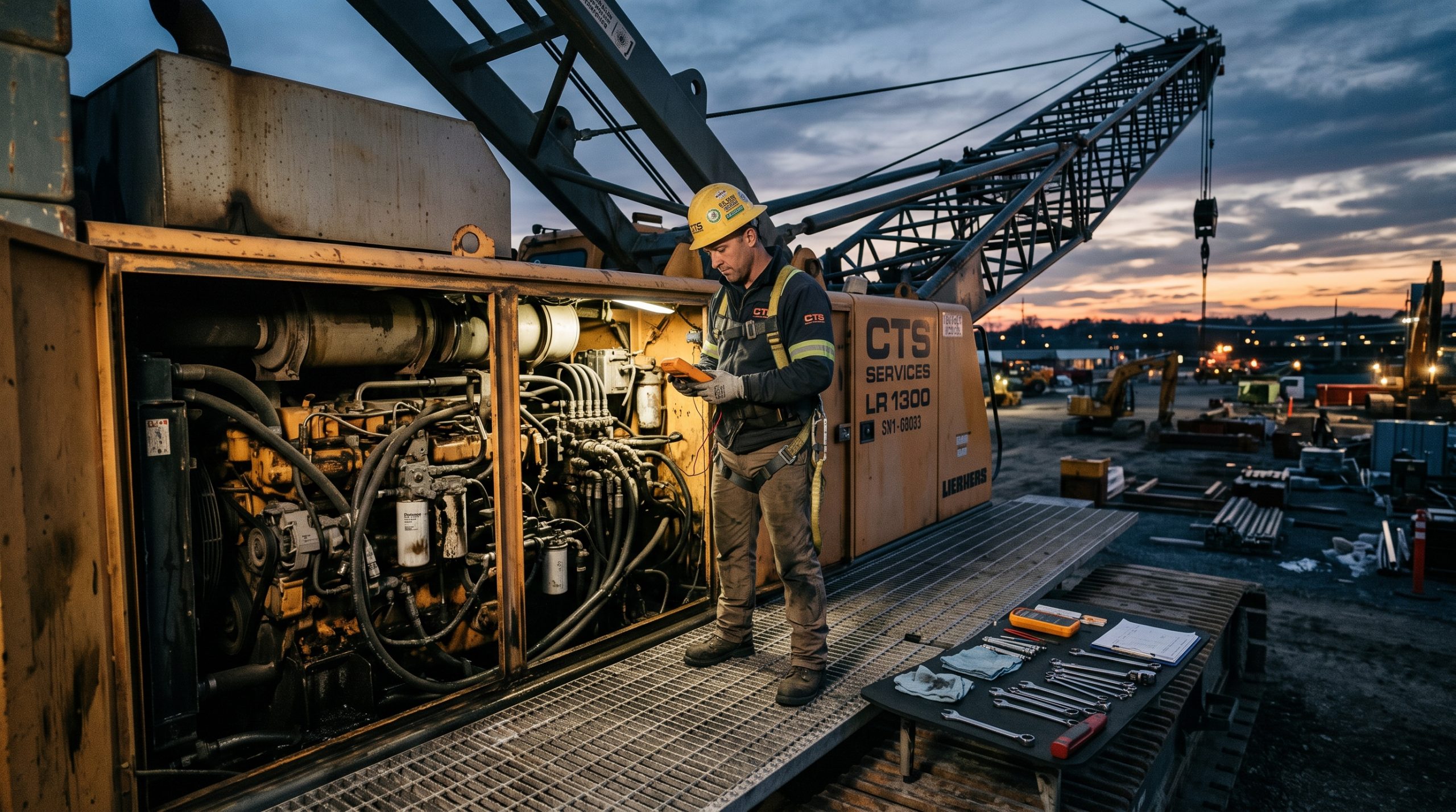 Engineer_inspecting_crane_engine_2K_202607080756 Heavy construction crane undergoing maintenance with an engineer inspecting hydraulic components.