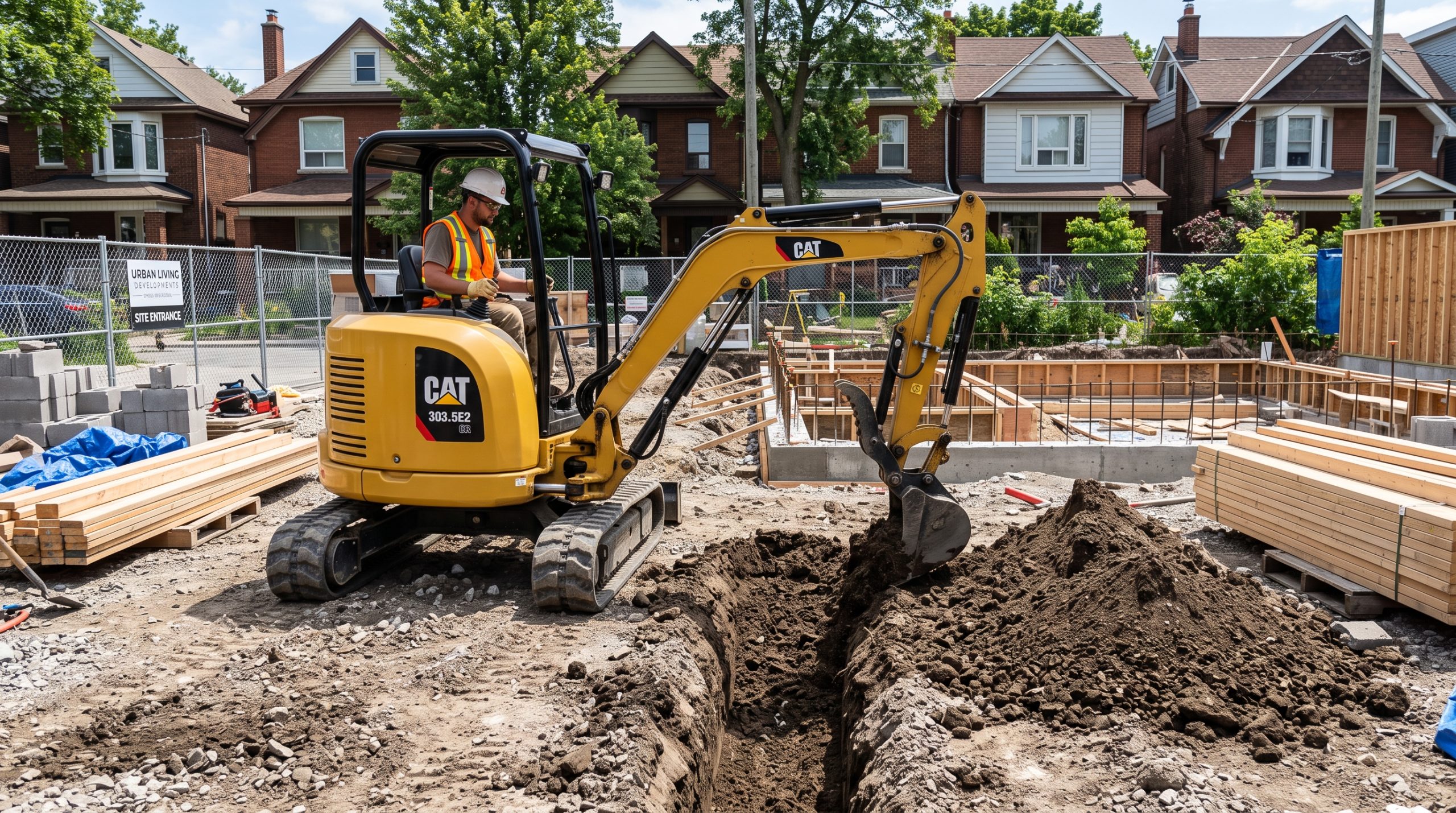 Mini_excavator_digging_trench_2K_202607080755 Compact mini excavator digging a trench on a residential construction site.