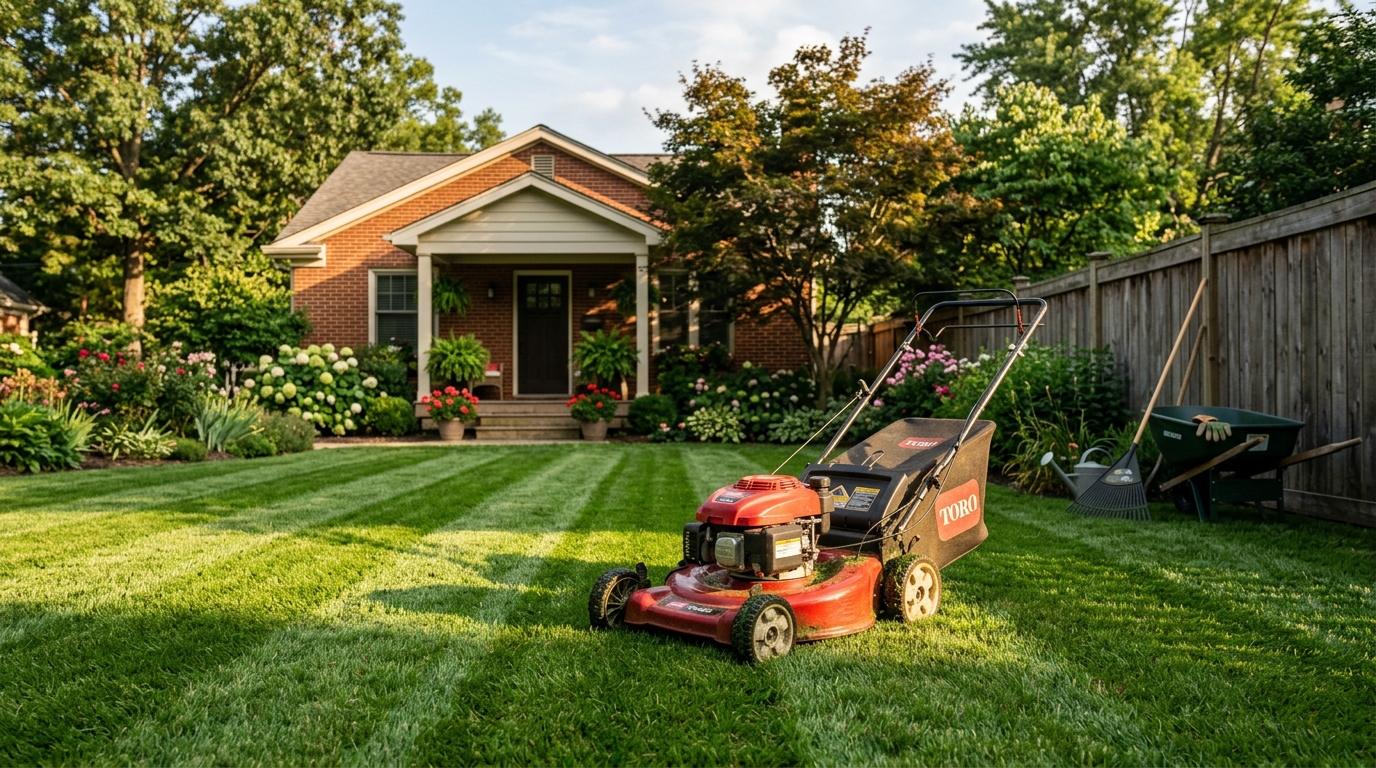 Red_lawnmower_on_green_lawn_202607290911 Red lawnmower on green lawn 202607290911