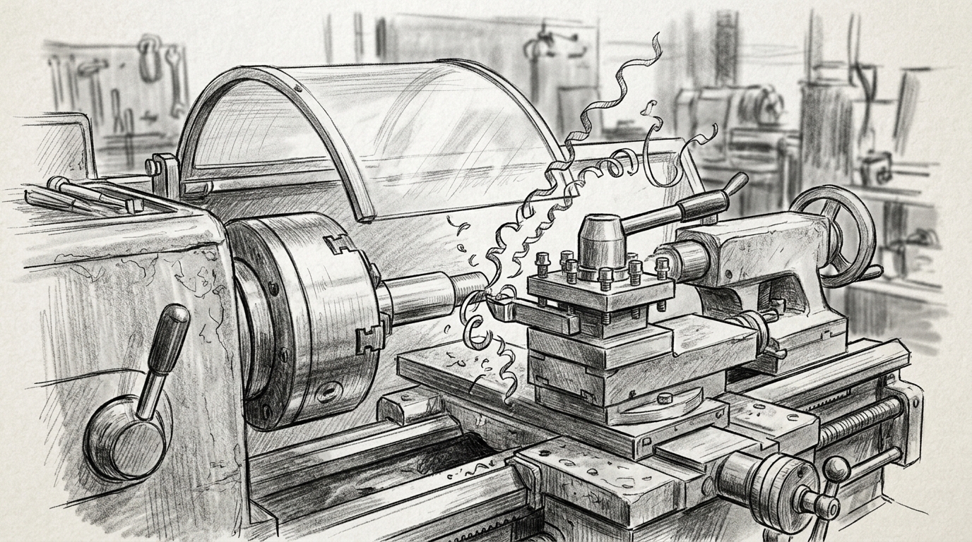 Lathe_with_flying_metal_shavings_202608030737 Lathe with flying metal shavings 202608030737