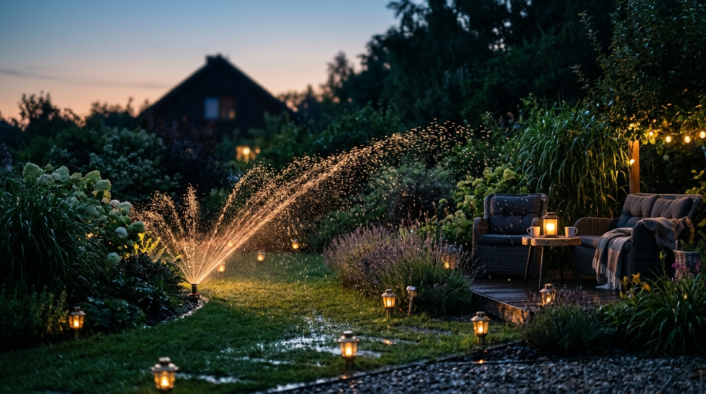 Sprinkler_system_working_in_evening_202608180804 Sprinkler system working in evening 202608180804